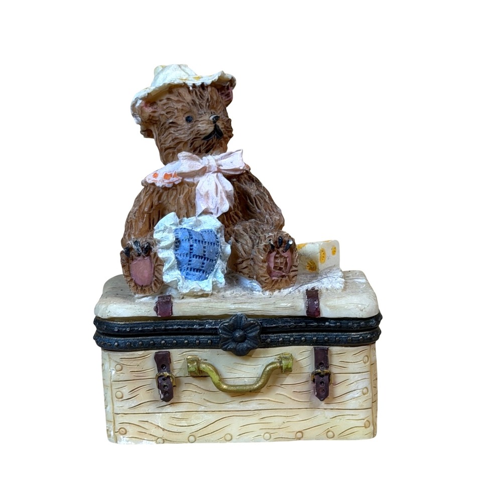 Teddy Bear on Suitcase Resin Hinged Trinket Box Figurine Brown Cream Vintage